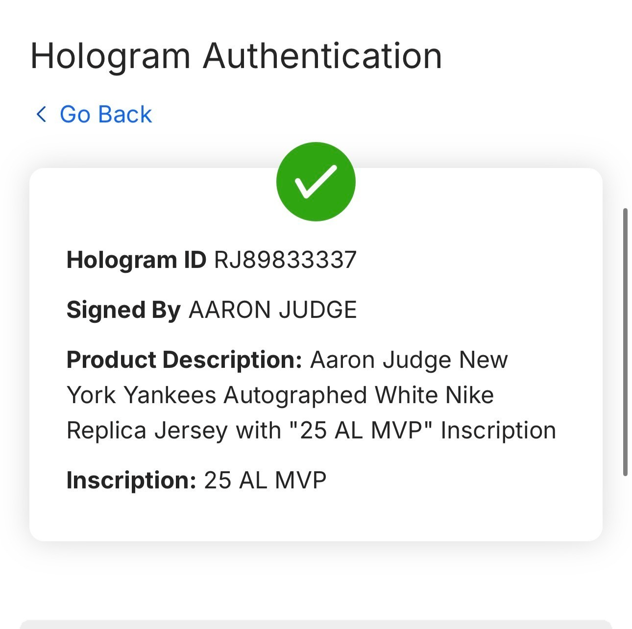 Aaron Judge Signed Nike Replica Jersey 25 AL MVP Auto Fanatics MLB COA  Yankees