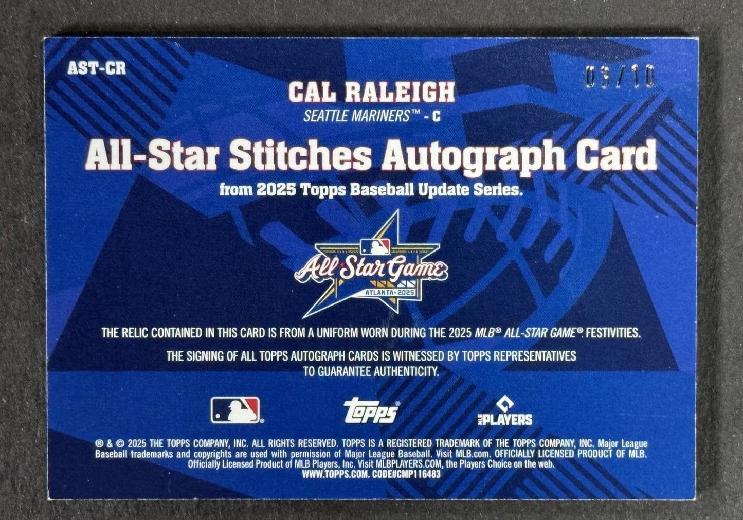 2025 Topps Update Cal Raleigh All Star Stitches Auto LE /10 Seattle Mariners