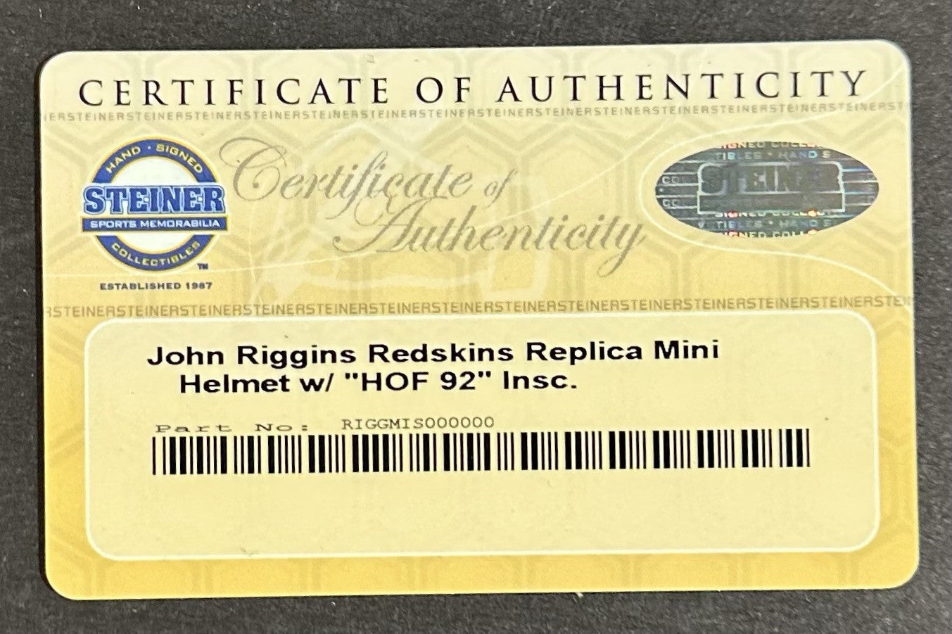 John Riggins Signed Redskins Riddell Mini Helmet HOF 92 Autograph Steiner COA