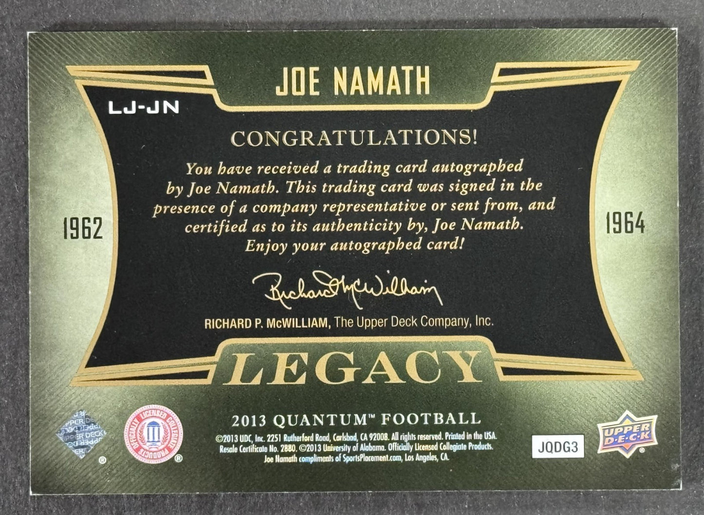 2013 UD Quantam Football Joe Namath Legacy Auto Patch 3/5 Alabama NY Jets HOF
