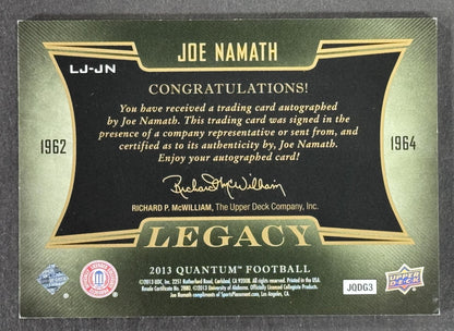 2013 UD Quantam Football Joe Namath Legacy Auto Patch 3/5 Alabama NY Jets HOF