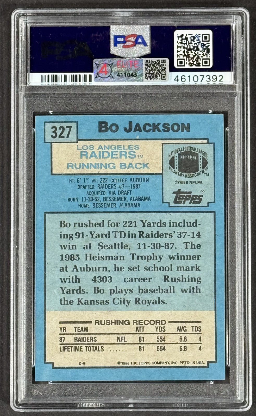 1988 Topps Bo Jackson Signed Rookie Card PSA 9 Mint Auto 10 LA Raiders