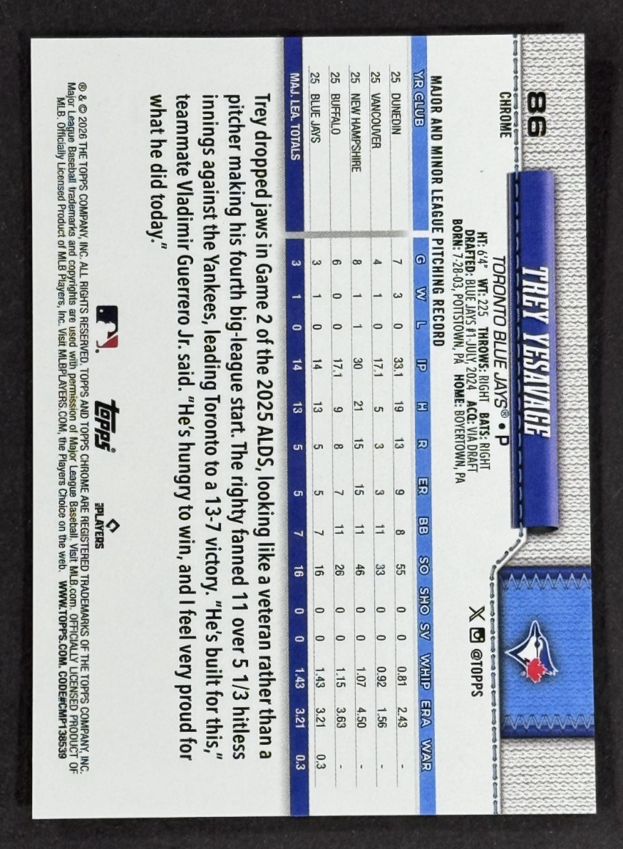 2026 Topps Chrome Trey Yesavage Gold X Fractor LE/ 50 Toronto Bluejays RC Mint