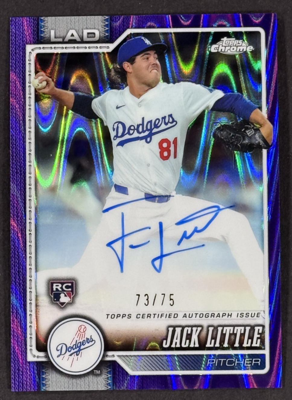 2026 Topps Chrome Jack Little Purple Raywave Auto LE / 75 LA Dodgers RC Mint