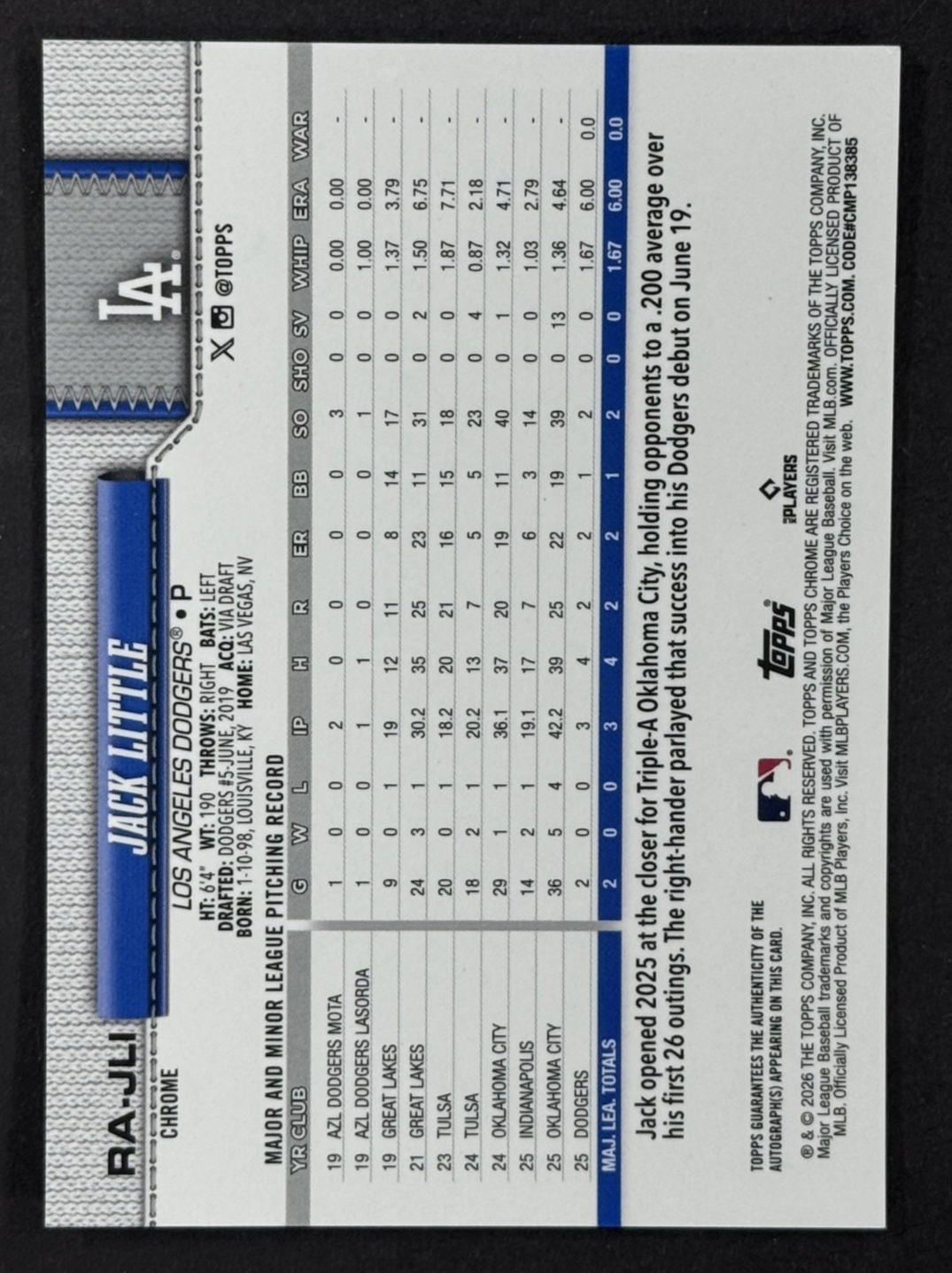 2026 Topps Chrome Jack Little Purple Raywave Auto LE / 75 LA Dodgers RC Mint