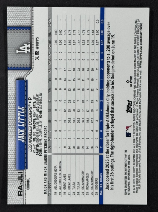 2026 Topps Chrome Jack Little Purple Raywave Auto LE / 75 LA Dodgers RC Mint
