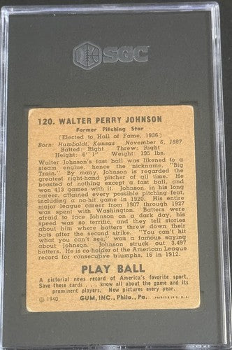 1940 Playball Play Ball #120 Walter Johnson Senators HOF SGC 3 Vg Centered Nice