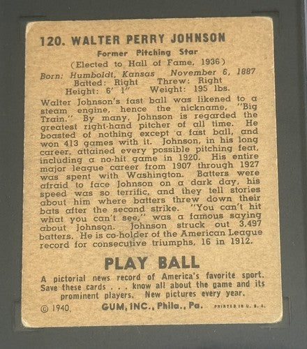 1940 Playball Play Ball #120 Walter Johnson Senators HOF SGC 3 Vg Centered Nice