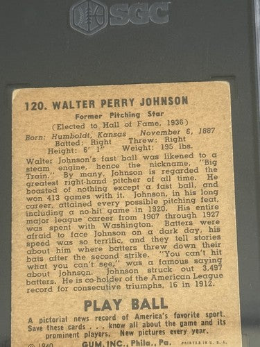 1940 Playball Play Ball #120 Walter Johnson Senators HOF SGC 3 Vg Centered Nice