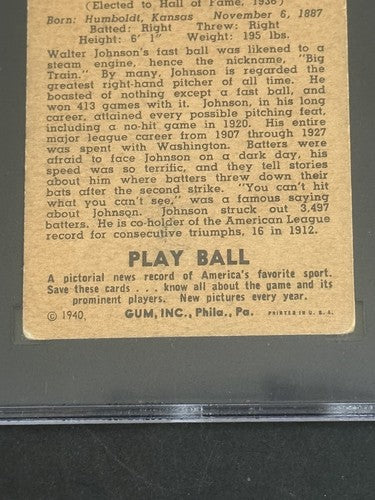 1940 Playball Play Ball #120 Walter Johnson Senators HOF SGC 3 Vg Centered Nice