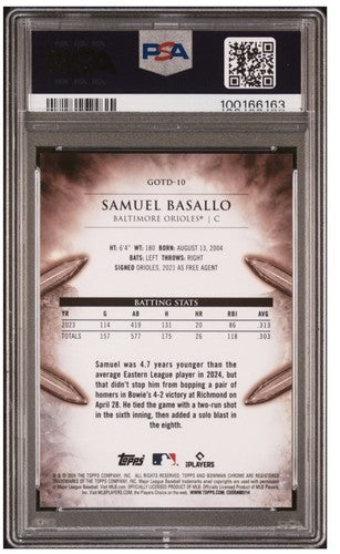 2024 Bowman Chrome # 10 Gladiators Orange Refractor /25 Samuel Basallo PSA 10