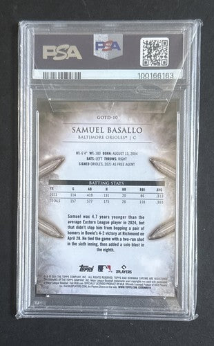 2024 Bowman Chrome # 10 Gladiators Orange Refractor /25 Samuel Basallo PSA 10
