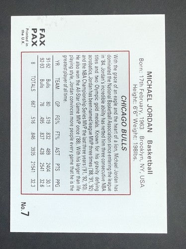1993 Fax Pax Michael Jordan Card #7 Chicago Bulls HOF W/ Usa Flag Mint