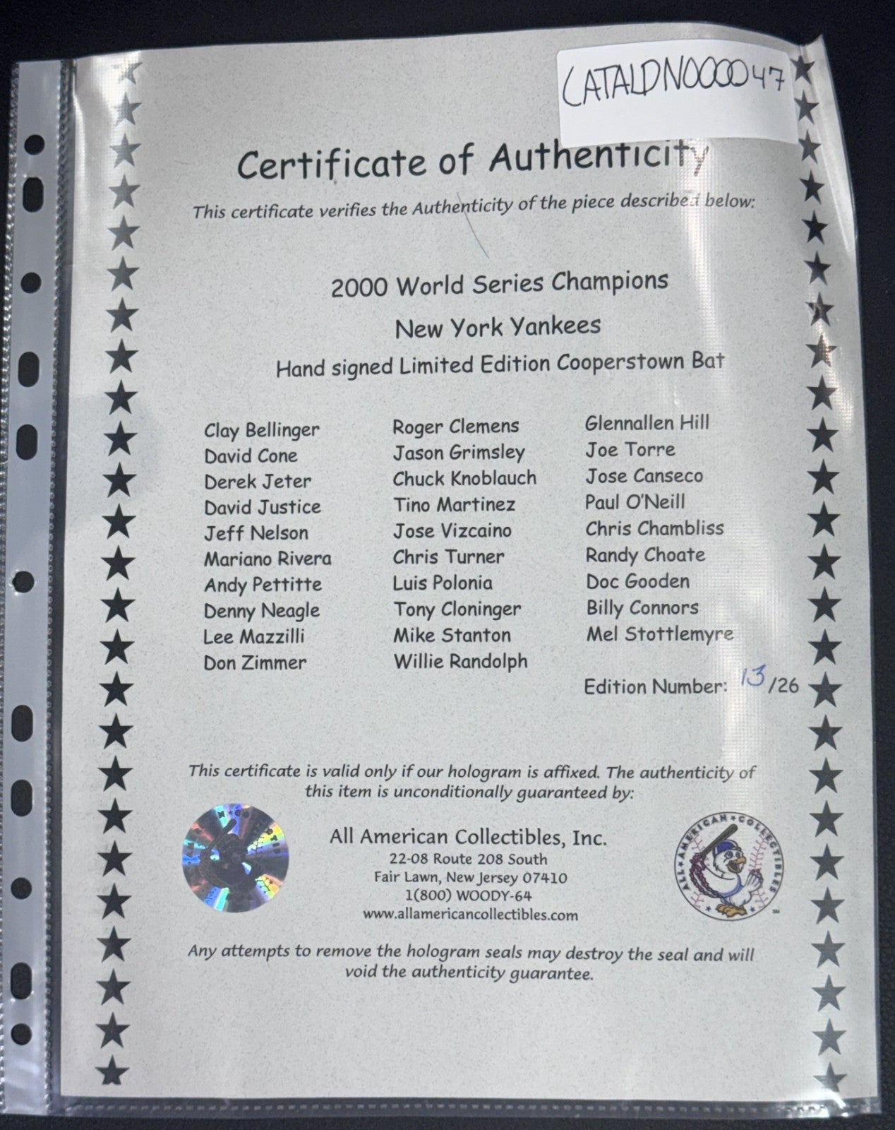 2000 World Series Yankees Team Signed Bat /26 3 Peat Auto Rivera Jeter MVP JSA