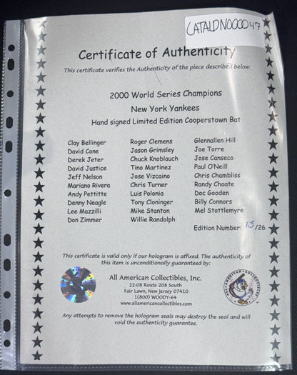 2000 World Series Yankees Team Signed Bat /26 3 Peat Auto Rivera Jeter MVP JSA