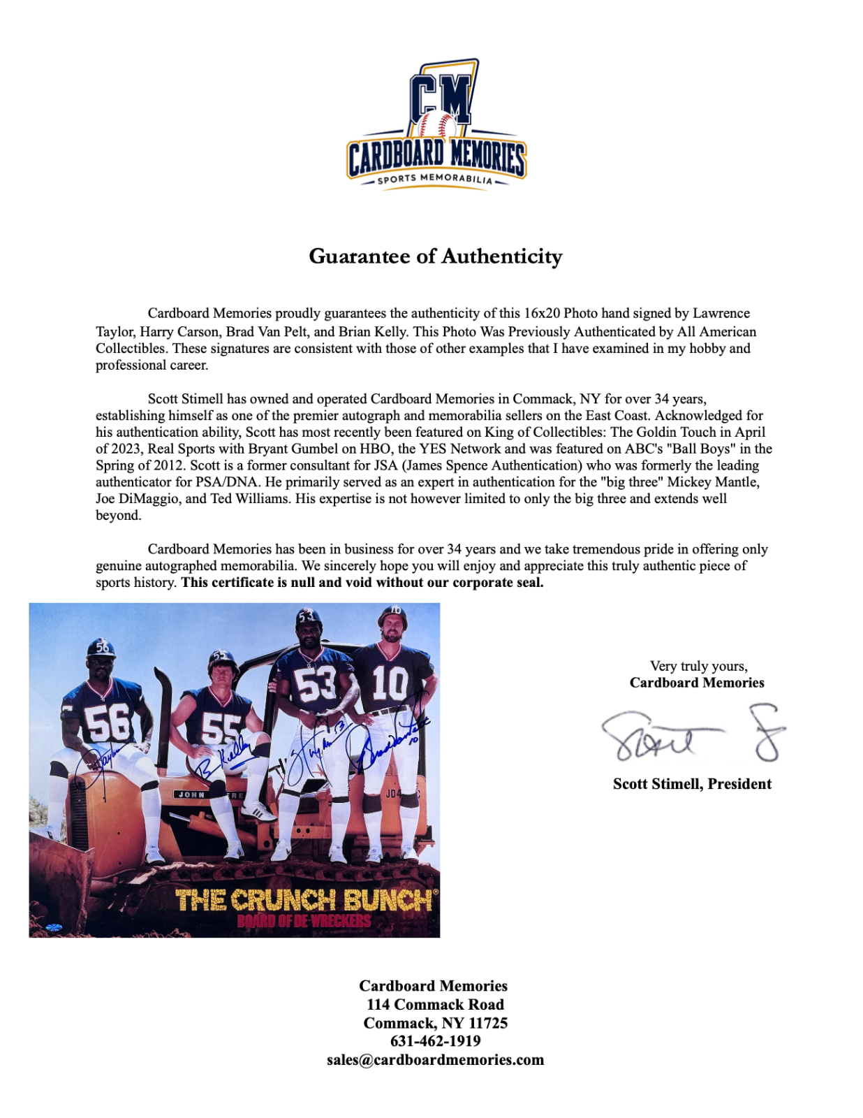 Crunch Bunch Signed 20x24 Photo Framed LT Carson Kelley Van Pelt COA NY Giants