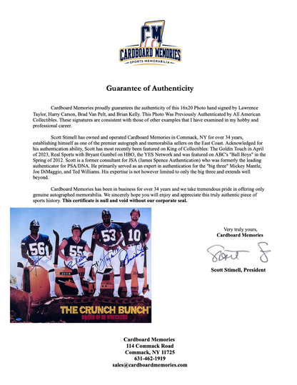 Crunch Bunch Signed 20x24 Photo Framed LT Carson Kelley Van Pelt COA NY Giants