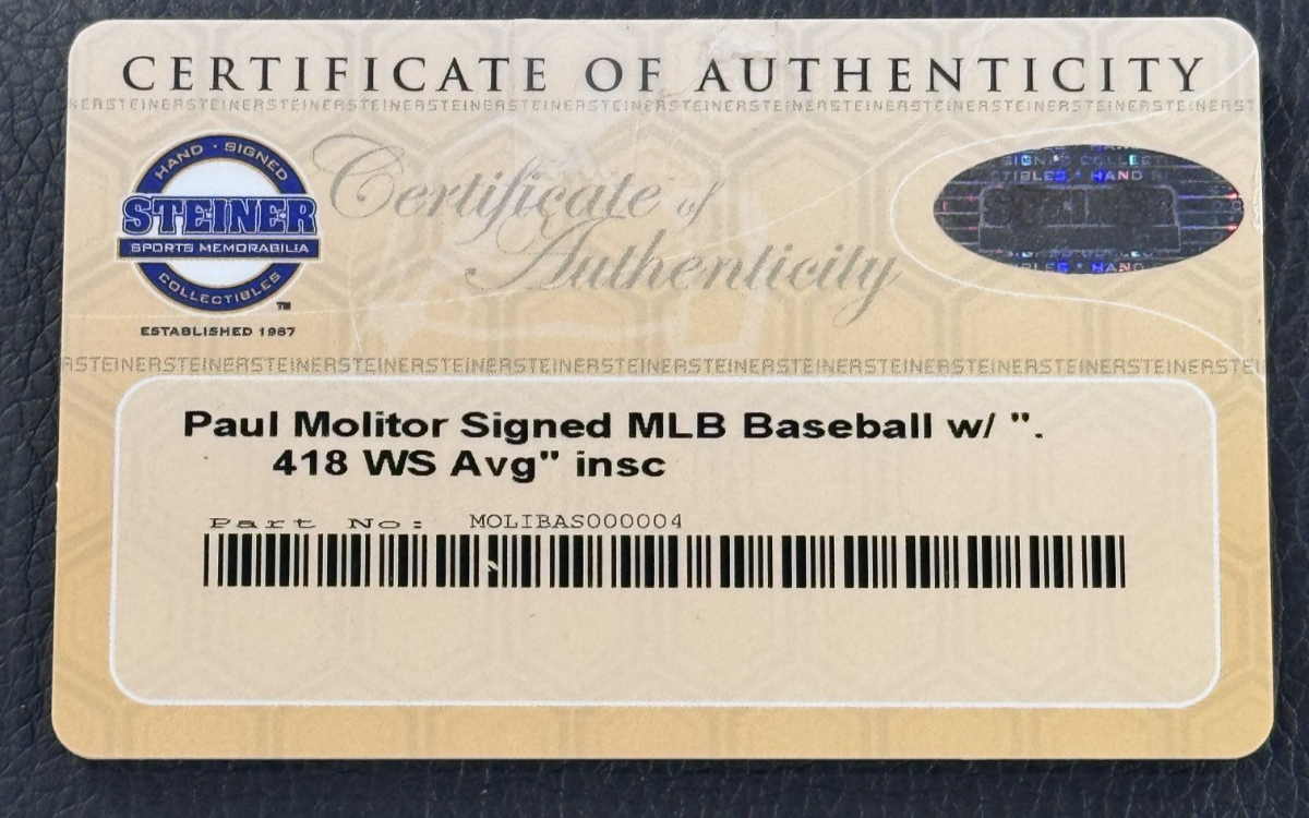 Paul Molitor Signed Official Baseball .418 WS AVG Auto Steiner COA Brewers HOF