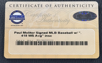 Paul Molitor Signed Official Baseball .418 WS AVG Auto Steiner COA Brewers HOF