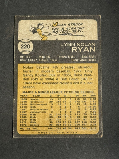 1973 Topps Nolan Ryan #220 Dead Centered W/Crease Nice Eye Appeal Angels