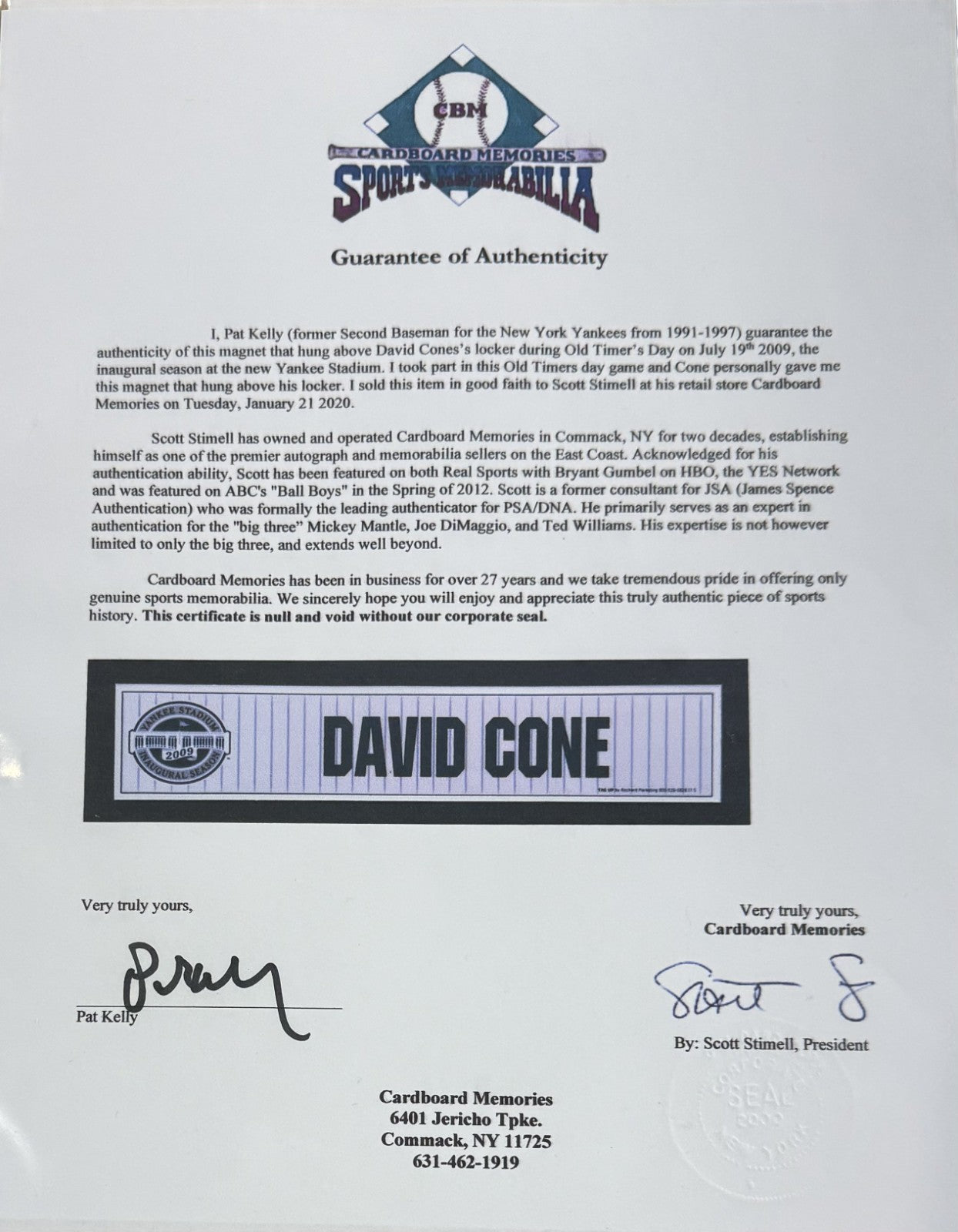 David Cone Ny Yankees Game Used 2009 Old Timers Day Locker Room Nameplate W/ Coa