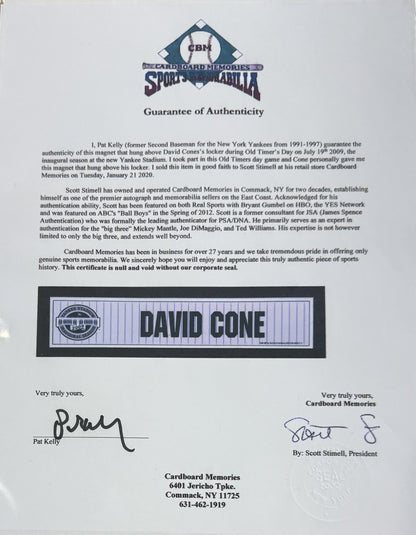 David Cone Ny Yankees Game Used 2009 Old Timers Day Locker Room Nameplate W/ Coa