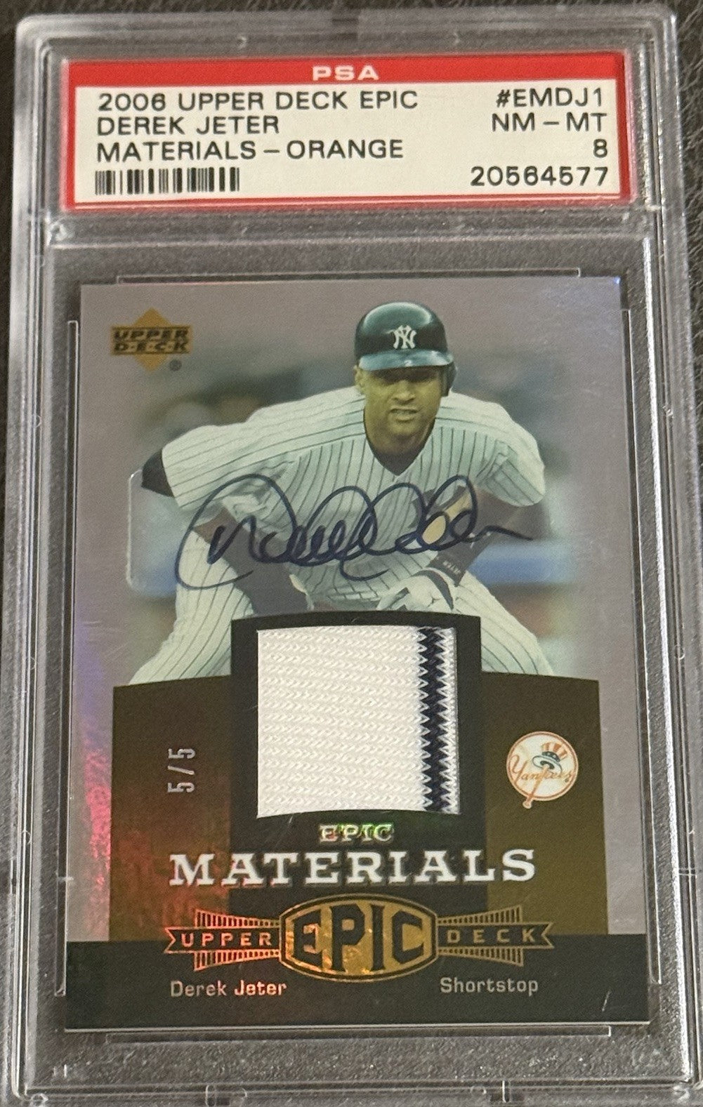 2006 Upper Deck Epic Materials Derek Jeter Game Used Jersey Auto 5/5 Psa 8 Pop 1
