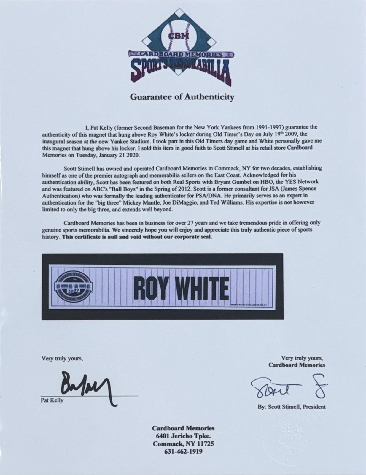 Roy White NY Yankees Game Used 2009 Season Old Timers Day Magnetic Nameplate
