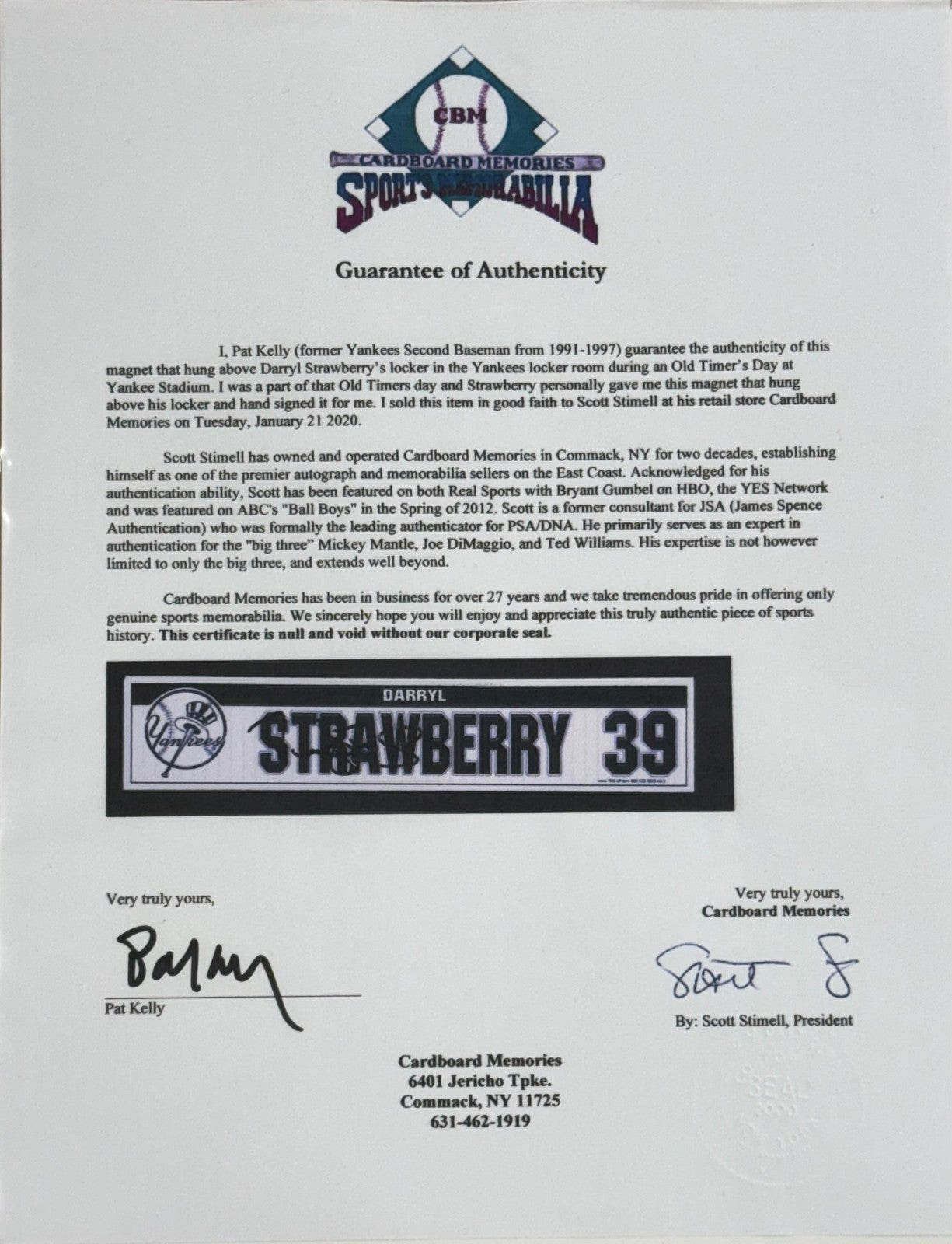 Darryl Strawberry Signed Yankees Game Used Locker Room Plate Old Timers Day COA