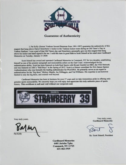 Darryl Strawberry Signed Yankees Game Used Locker Room Plate Old Timers Day COA