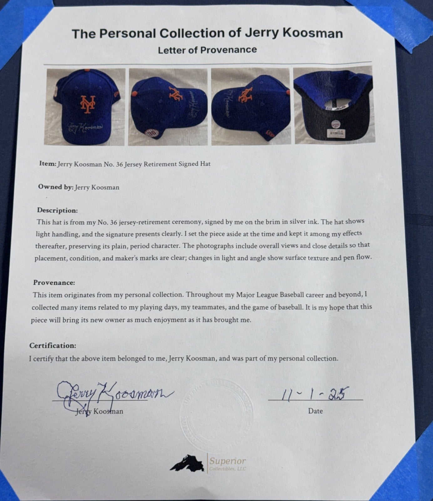Jerry Koosman Signed Retirement Ceremony Worn NY Mets Hat Auto Superior COA