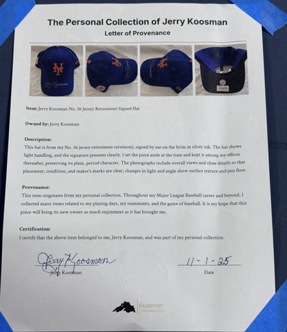 Jerry Koosman Signed Retirement Ceremony Worn NY Mets Hat Auto Superior COA