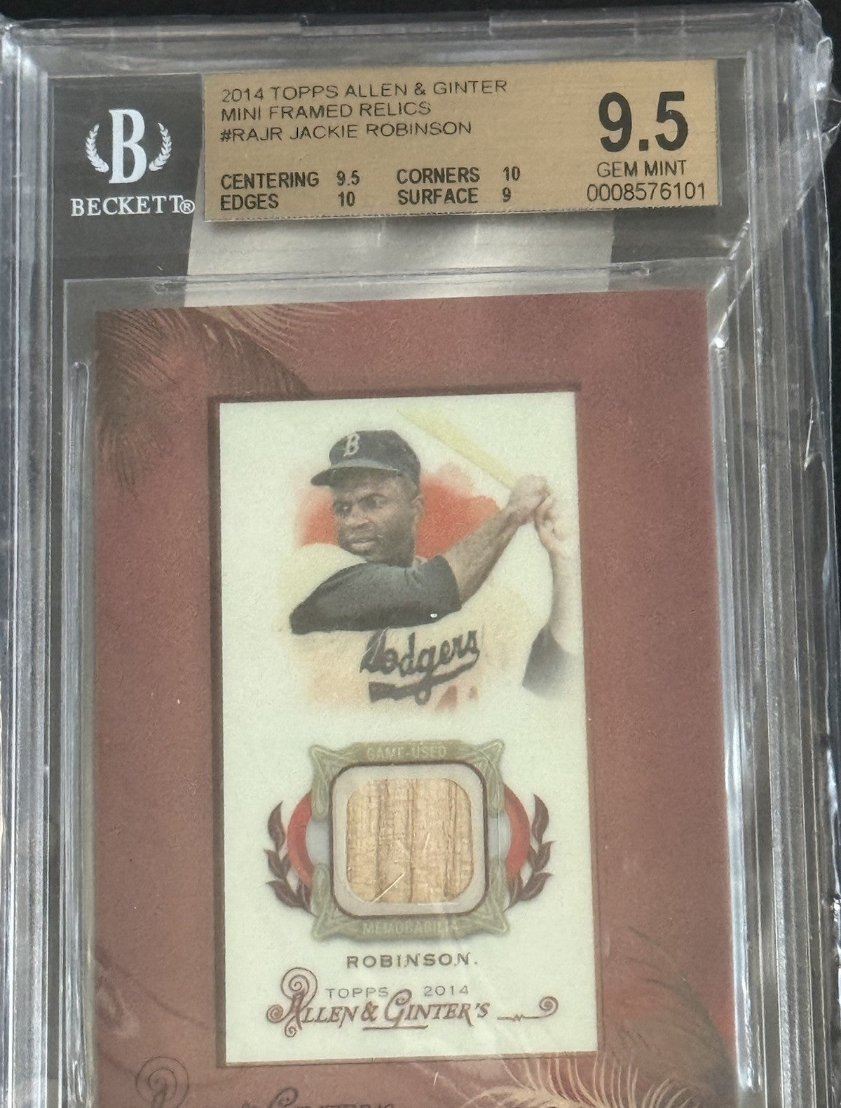 Jackie Robinson Allen & Ginter 2014 Framed Mini Game Used Bat BGS 9.5 2 10’s MT