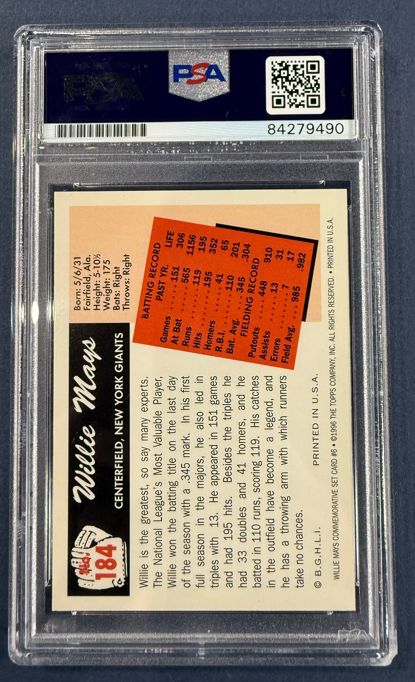 Willie Mays Signed 1996 Topps CERTIFIED Issue 1955 Bowman On Card Auto PSA Coa