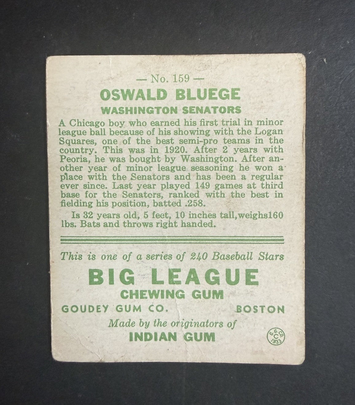 1933 Goudey #159 Oswald Bluege Washington Senators Vg Nice