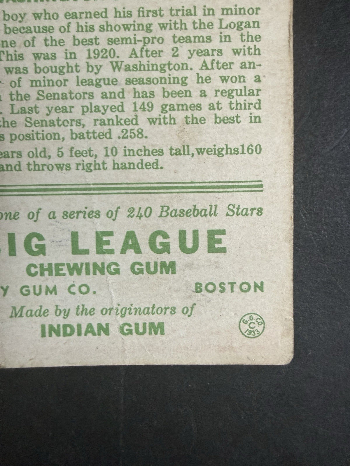 1933 Goudey #159 Oswald Bluege Washington Senators Vg Nice