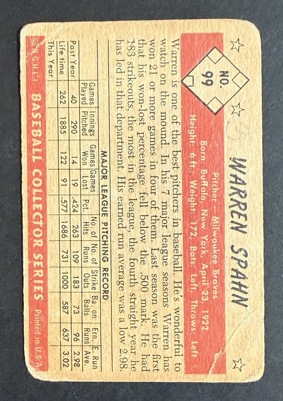 1953 Bowman Color Warren Spahn #99 low grade Loved HOF Milwaukee Braves