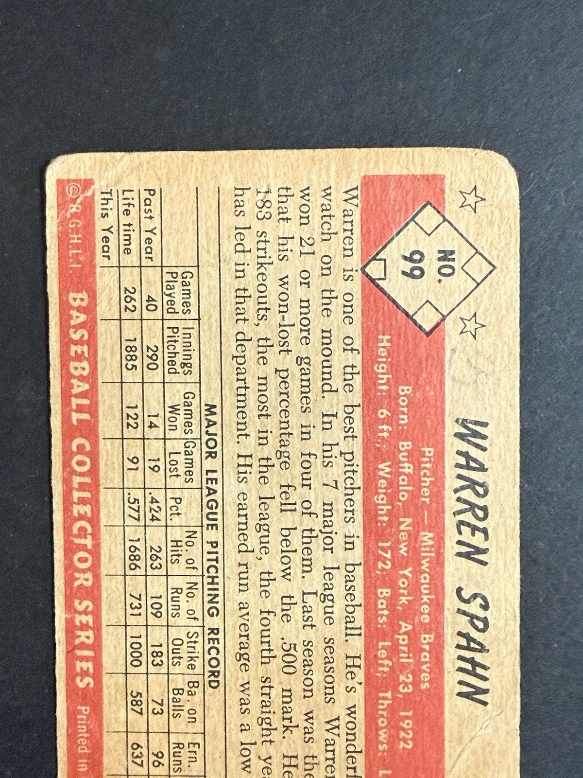 1953 Bowman Color Warren Spahn #99 low grade Loved HOF Milwaukee Braves