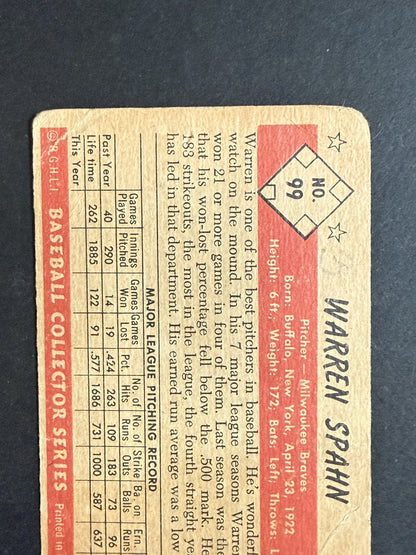 1953 Bowman Color Warren Spahn #99 low grade Loved HOF Milwaukee Braves
