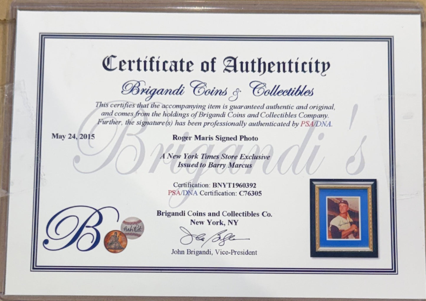 Roger Maris Signed 8x10 Kodak Photo Framed Museum Glass NY Yankees Auto PSA COA