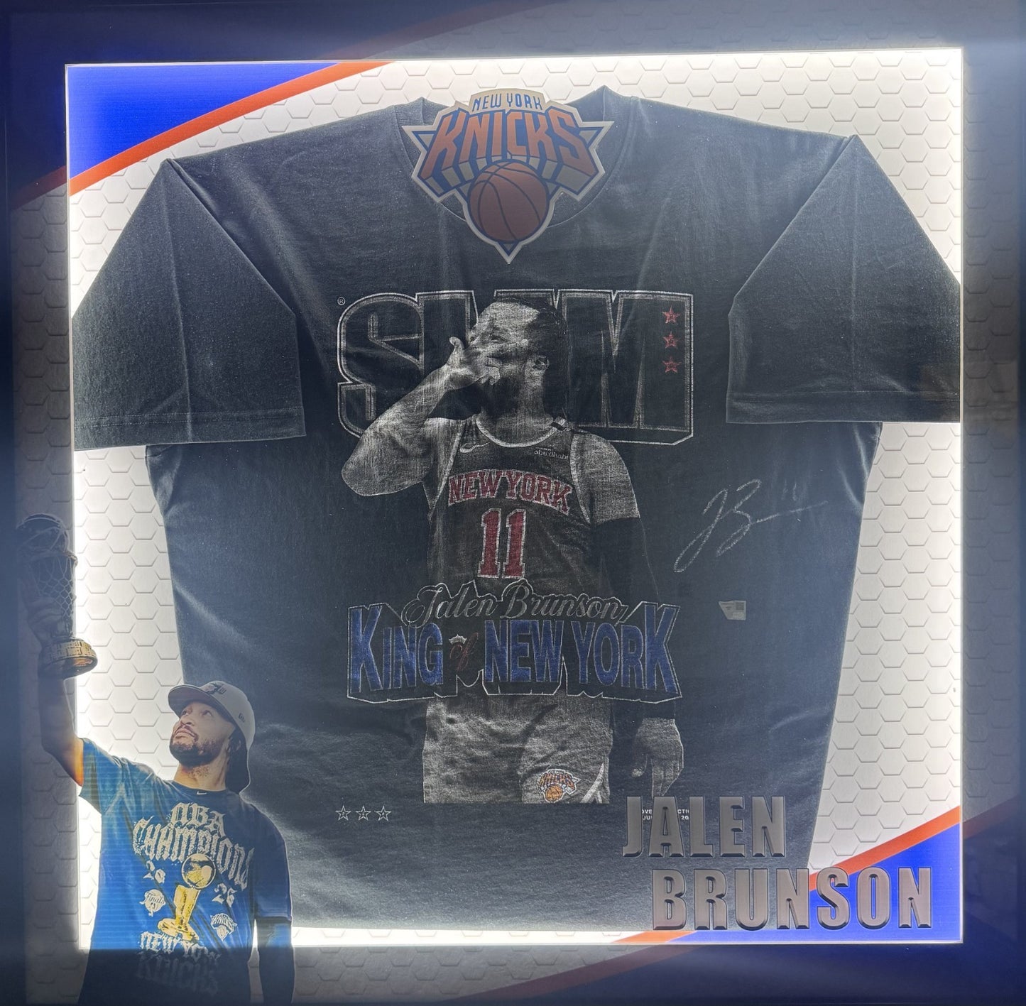 Jalen Brunson Signed King Of NY T Shirt Framed LED Shadowbox Fanatics COA Knicks