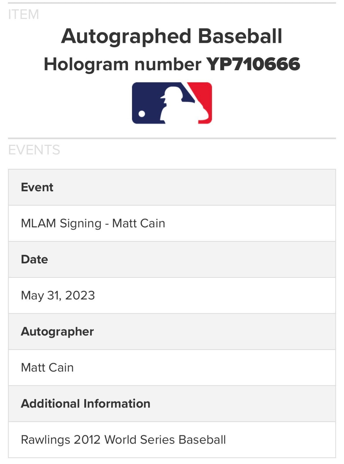 Matt Cain Signed Official 2012 World Series Baseball Auto MLB Holo COA SF Giants