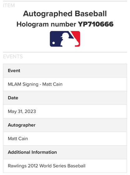 Matt Cain Signed Official 2012 World Series Baseball Auto MLB Holo COA SF Giants