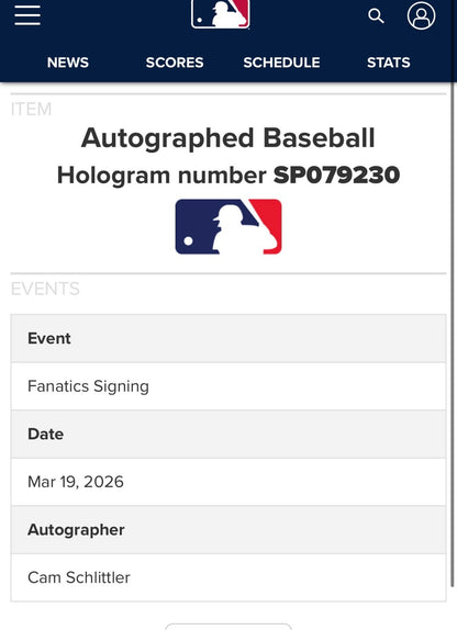Cam Schlittler Signed Official MLB Baseball NY Yankees Auto Fanatics MLB COA