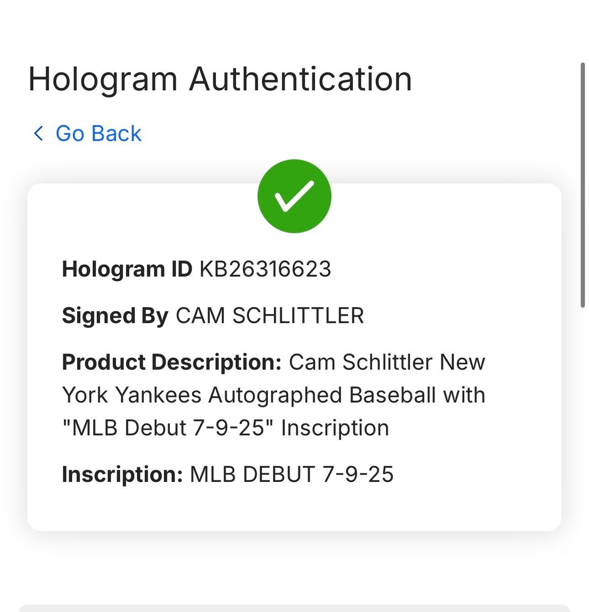 Cam Schlittler Signed Official Baseball MLB Debut Auto Fanatics MLB NY Yankees