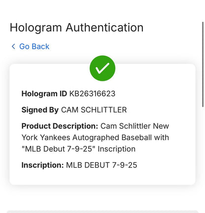 Cam Schlittler Signed Official Baseball MLB Debut Auto Fanatics MLB NY Yankees