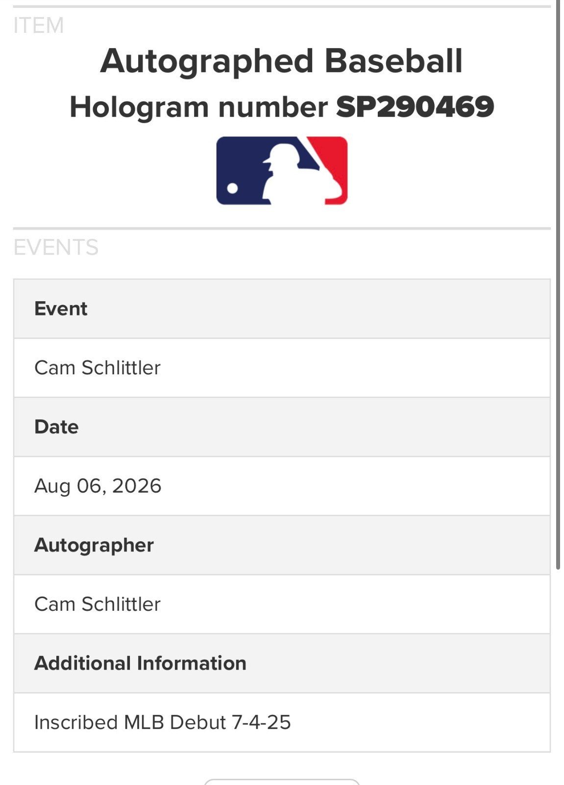 Cam Schlittler Signed Official Baseball MLB Debut Auto Fanatics MLB NY Yankees