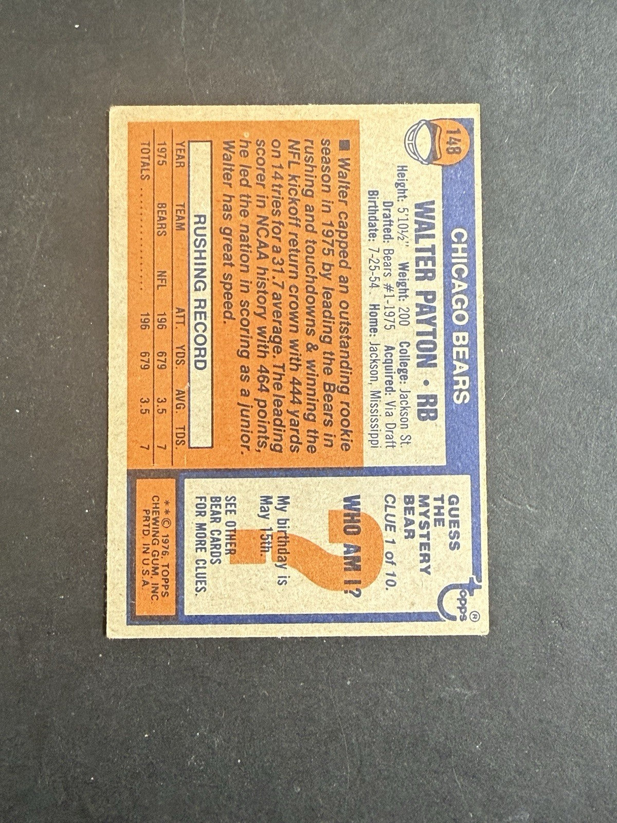 Topps 1976 Walter Payton #148 ROOKIE CARD Nice W/ Slight Paper Wrinkle HOF Bears