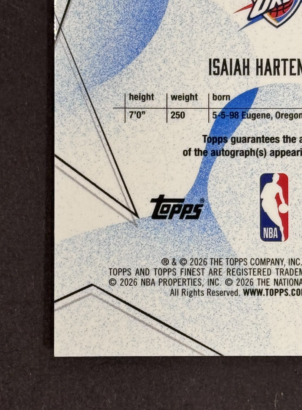 2026 Topps Finest Isaiah Hartenstein Finest Autographs Orange /25 OKC Thunder