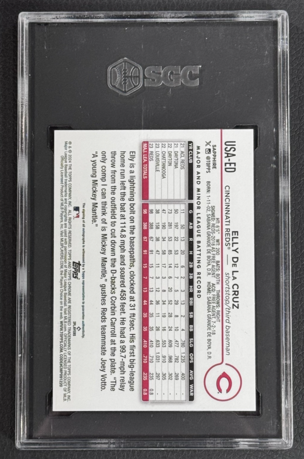 2024 Topps Chrome Elly De La Cruz Sapphire Gold Auto /35 SGC 10 Auto 10 Reds RC